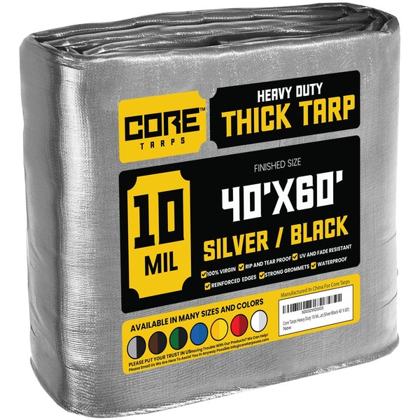 Core Tarps 60 ft L x 0.5 mm H x 40 ft W Heavy Duty 10 Mil Tarp, Silver/Black, Polyethylene CT-601-40X60